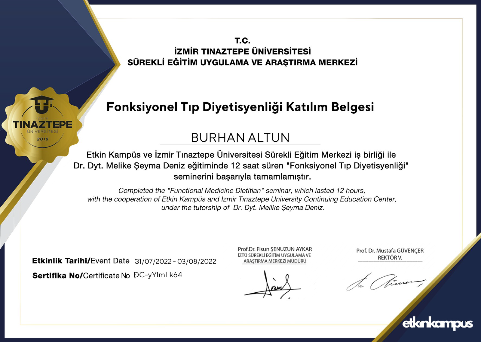 Fonksiyonel Tıp Diyetisyenliği Katılım Belgesi